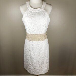 NWT Lilly Pulitzer Ashlyn Shift White Floral Lace Dress Size 8 With Gold Embelli